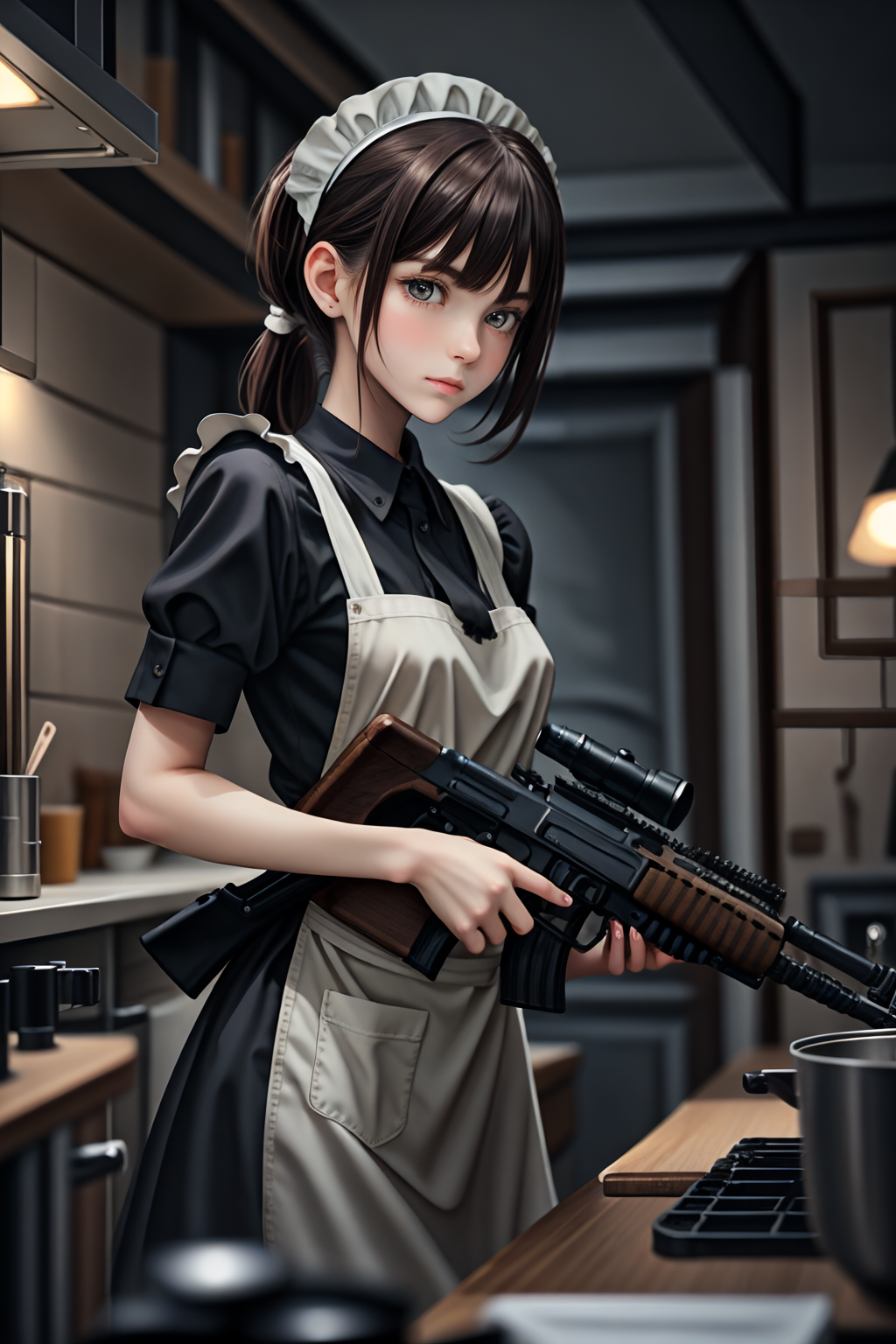 1 maid girl, holding gun, rifle, machine gun, kitchen <lora:LCM_LoRA_Weights_SD15:1>