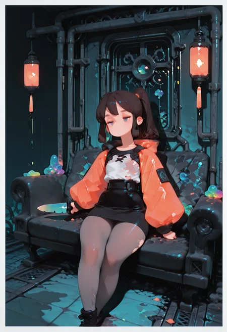, masterpiece, best quality,
(dramatic lighting, shadows, dynamic posture)
,
((cropped upper body, close up)) ,
mid night, shadowy
,
(from above ,
from side, side shot
),
1girl,
sitting on victorian couch, legs crossed ,
long hair, high ponytail ,
bangs above eyebrows ,
ultra detailed eyes, (flat chest), [[[abs]]],
jitome , subtle grey  eye makeup ,
( black pencil skirt, white center laced shirt ),
pumps, torn translucent grey tights ,
skindentation, ((chubby thick legs), thick legs, chubby legs), thick calves,
over sized hazard jacket ,
shadows ,
dynamic perspective,
BREAK
holding glowing knife in front of face, dark
,
(simple background, simple gradient pastel emerald  background with white border),
modern  kitchen   background, intricate pipes ,messed floor
,window with iron grids ,many fungus ,lanterns
,
flatline, fl4t,
748cmstyle, usnr,
oyarcf,
(nurzhan bekkaliyev)
,
,
<lora:TrendCraft_The_Peoples_Style_Detailer-v1.0A-3_13_2025-illustrious:0.4>
<lora:sdxl_turbo_weghts_beta_v0_1_0:0.95>
<lora:fl4t:1.4>
<lora:Nurzhan_Bekkaliyev:1.25>
<lora:748cmSDXL:0.2>
<lora:USNR STYLE_XL_loha:0.2>
<lora:oyarcf:0.6>
,
, , ,