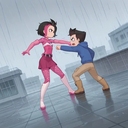 masterpiece, best quality, amazing quality, dutch_angle, flat colors, rooftop, raining, punching, fighting, hamdon, spiked hair, black hair, blue hoodie, short hair, shezow, two tone hair, multicolored hair, animal print, bodysuit, elbow gloves, boots, skirt, 