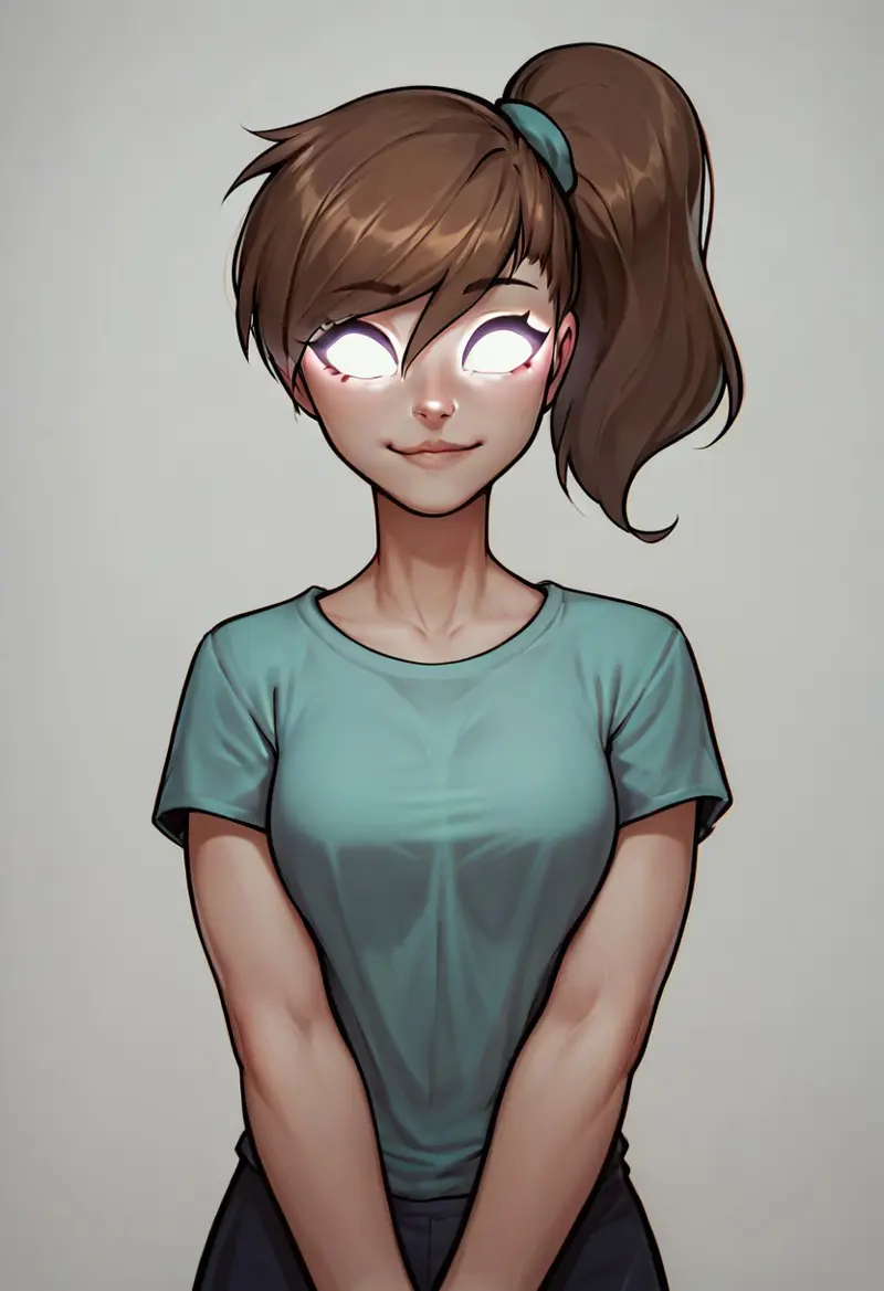 low poly,HCHerobrine,cute face,score_9, score_8_up, score_7_up, score_6_up, score_5_up,side ponytail, brown hair, glowing eyes,
