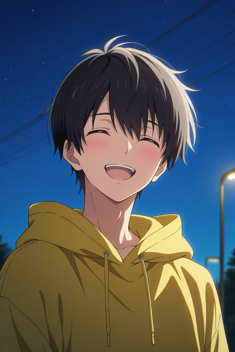 masterpiece, best quality, amazing quality, very aesthetic, high resolution, ultra-detailed, absurdres, newest, scenery, volumetric lighting, depth of field,anime screencap, , , 1boy, solo, male focus, <lora:kuro:0.83>, kuro sakuragawa,black hair,short hair,blush, smile, open mouth, closed eyes, outdoors,yellow hood, hoodie,hood down,upper body, night, portrait,sky,