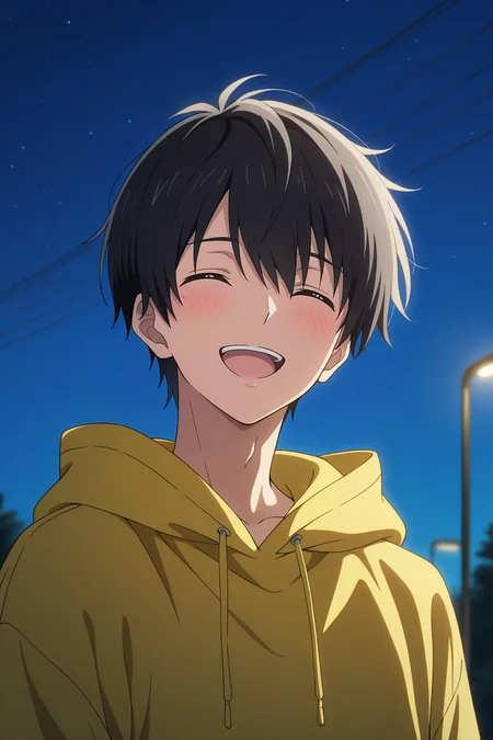 masterpiece, best quality, amazing quality, very aesthetic, high resolution, ultra-detailed, absurdres, newest, scenery, volumetric lighting, depth of field,anime screencap, , , 1boy, solo, male focus, <lora:kuro:0.83>, kuro sakuragawa,black hair,short hair,blush, smile, open mouth, closed eyes, outdoors,yellow hood, hoodie,hood down,upper body, night, portrait,sky,