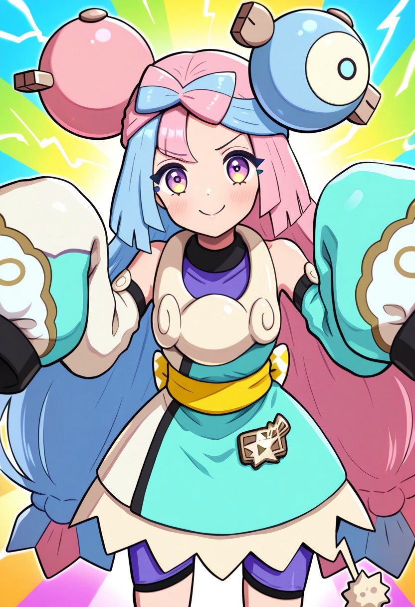 hinosaki, [[pokemoa, gonzarez]], 2d, masterpiece, best quality, amazing quality, 1girl, solo, close-up, standing, smile, upper body, leaning_forward, looking at viewer, multicolored background, sparkle, rainbow background, colorful background, electricity, sparks, sygiono, ex colors, purple hair, blue hair, purple eyes, bow-shaped hair, low-tied long hair, character hair ornament, purple shirt, sleeveless dress, two-tone dress, [[white dress]], ((aqua dress)), detached sleeves, aqua sleeves, white sleeves, white collar, bare shoulders, sleeves past fingers, oversized clothes, yellow sash, purple shorts