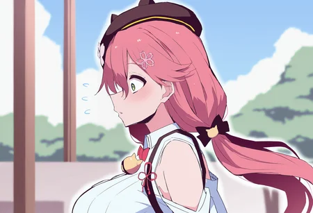 masterpiece, best quality, <lora:age_slider_v4:4>,detailed_background,outdoors,1girl,red bow,himiya jouzu,hair ornament,neck bell,long hair,highres,hair between eyes,looking at viewer,hat,breasts,bell,absurdres,official alternate costume,pink hair,sakura miko,bow,bowtie,hair flower,!?,sakura miko \(casual\),collared shirt,wide-eyed,solo,shoulder cutout,green eyes,blush,red bowtie,shirt,large breasts,virtual youtuber,...!,black hat,clothing cutout,white shirt,beret,ahoge,hololive,flower,hairclip