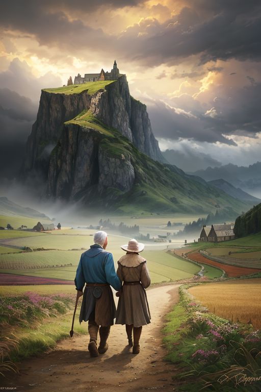 Masterpiece, closeup, hd, 8K, Fantasy art, award winning drawing of a old male farmer and a old female farmer in a windy landscape helping each other walking, rugged clothes romantic, storm in background, back view, intricate details,
