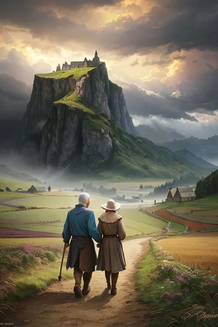 Masterpiece, closeup, hd, 8K, Fantasy art, award winning drawing of a old male farmer and a old female farmer in a windy landscape helping each other walking, rugged clothes romantic, storm in background, back view, intricate details,