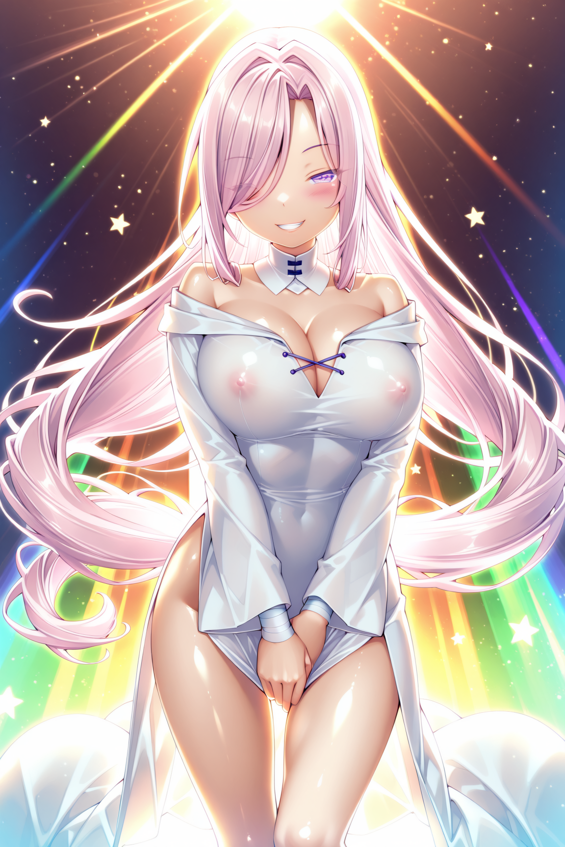 talia, very_long_hair, pink_hair, hair_over_one_eye, purple_eyes, blush, detached_collar, large_breasts, bandages, cleavage, white_dress, off_shoulder, long_sleeves, side_slit