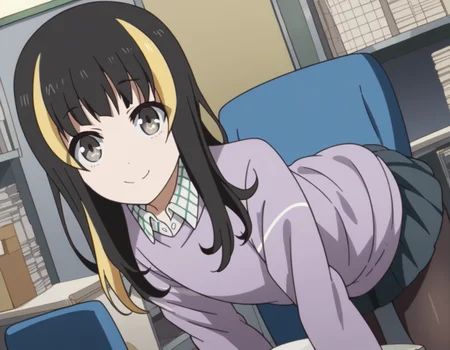 score_9, score_8_up, score_7_up, source_anime, tsubakiandou, <lora:tsubaki-andou-s1-ponyxl-lora-nochekaiser:1>, tsubaki andou, long hair, blonde hair, black hair, multicolored hair, streaked hair, grey eyes,, skirt, shirt, pantyhose, collared shirt, sweater,, indoors, office, bent over, smile, looking at viewer, solo, cowboy shot, dutch angle