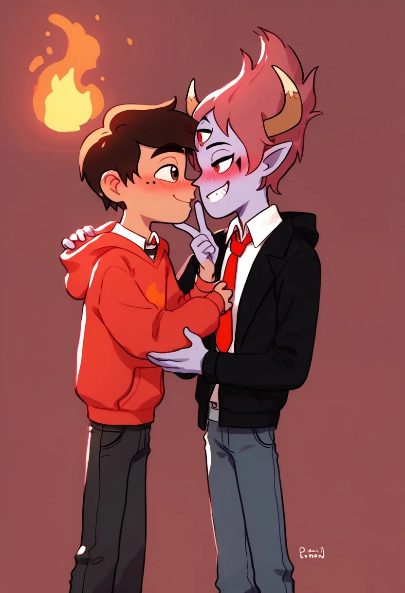 score_9, score_8_up, score_7_up, score_6_up,highres <lora:tom:0.8>, 2boys dancing , kissing on cheek, dark light,looking at another, hellish background, lava pits,
BREAK third eye, tom lucitor, horns, colored skin, pointy ears, short hair, 2boys,black suit,red necktie,flame,smile,
BREAK blush,marco diaz,2boys,red hoodie,grey jeans,mole under eye,