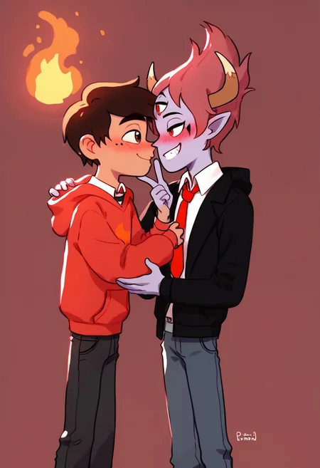 score_9, score_8_up, score_7_up, score_6_up,highres <lora:tom:0.8>, 2boys dancing , kissing on cheek, dark light,looking at another, hellish background, lava pits,
BREAK third eye, tom lucitor, horns, colored skin, pointy ears, short hair, 2boys,black suit,red necktie,flame,smile,
BREAK blush,marco diaz,2boys,red hoodie,grey jeans,mole under eye,