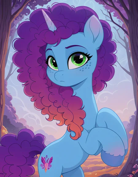 resolution, masterpiece, high resolution, (SOLO: 1.2) my little pony, friendship is magic, wild, detailed background, Misty Brightdawn , unicorn, pony, freckles, blue body, green eyes, curly hair rebirth look, gradient hair, purple and orange (hair,curly hair, curly hair slicked back:1.3) <lora:Misty_Brightdawn323:0.7>