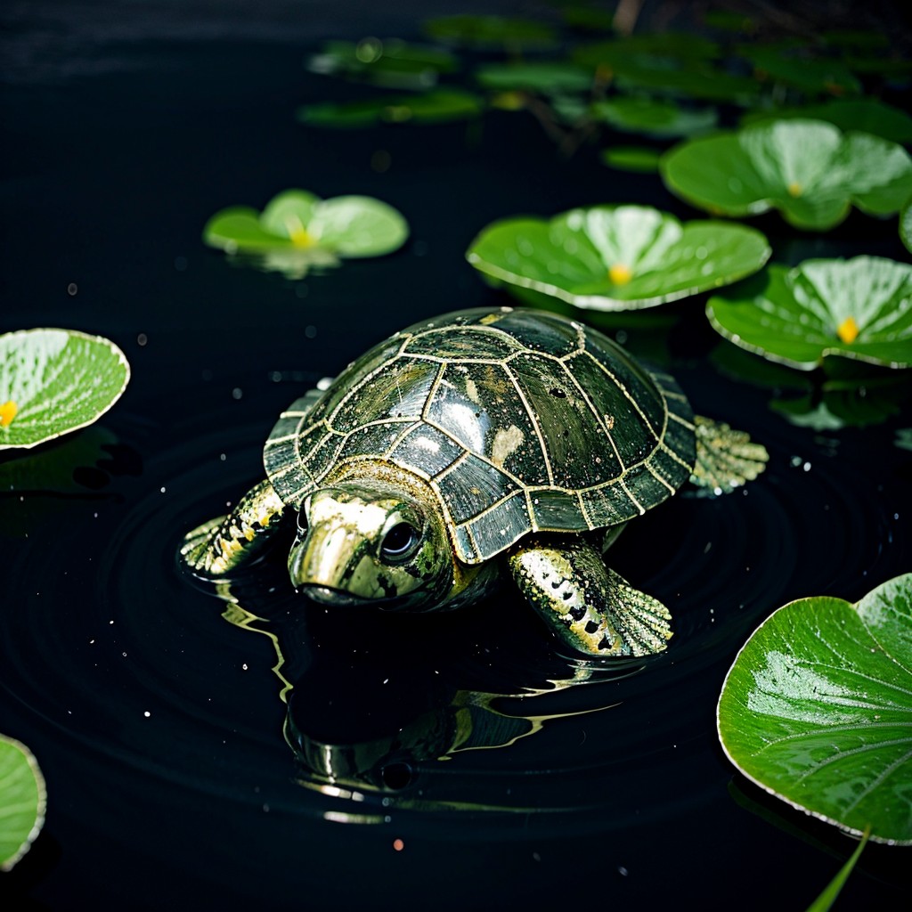 a turtle made of crackedpyrite, in a pond, <lora:CrackedPyrite:0.8>