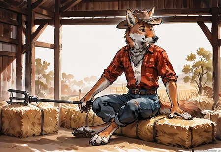 score_9, score_8_up, score_7_up, (source_furry), fur body, solo, 1boy, anthro, coyote, red flannel, cowboy hat, Grey neck bandana, Indoor, Stables, pitchfork, hard work, hay squares, watercolor, sketch