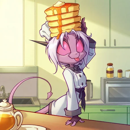 score_9, score_8_up, score_7_up,namah_calah,
1girl,solo,furry,tail, source_furry,horns,
,<lora:namah_calah_illustrious:0.8>,
child, kid,
childish_figure, chef_hat, syrup_bottle, food_shape_face (pancake), food_on_head, syrup_drip, kitchen_counter, morning_light, tongue_out