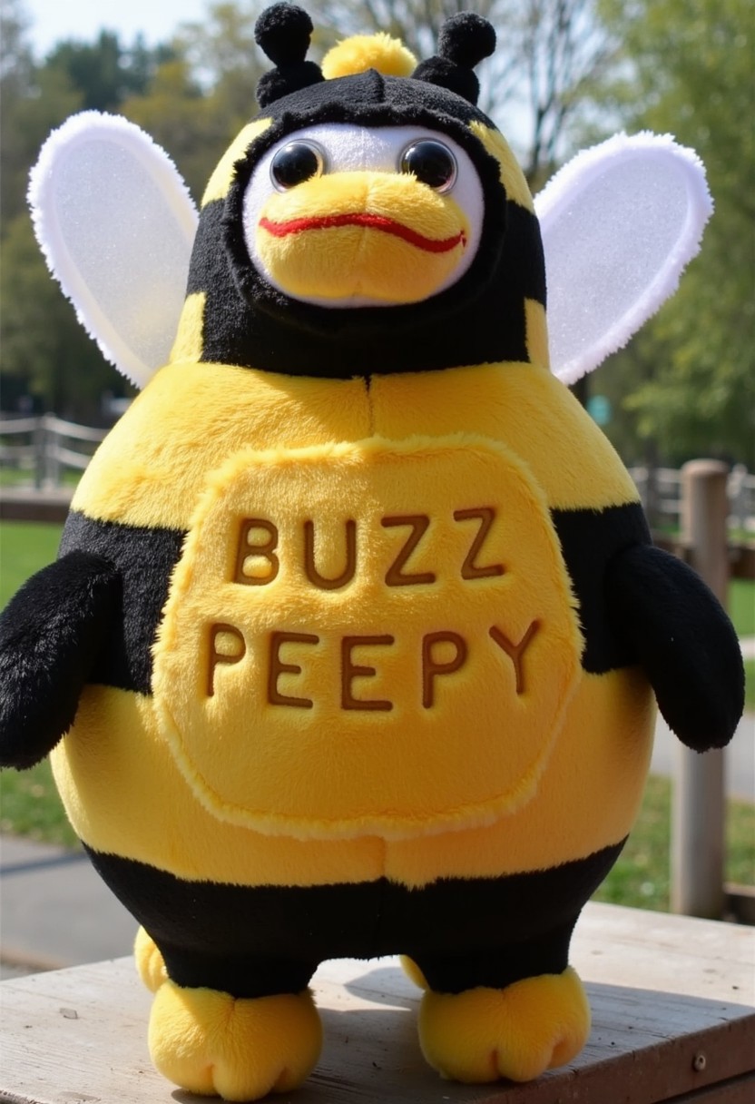 a fat bearded PEEPY wearing a bumble bee colored tank top with his stomach hanging out, wearing tiny fairy wings, meticulously crafted with magic and fairy dust. Carved into his body are the words, "BUZZ PEEPY"