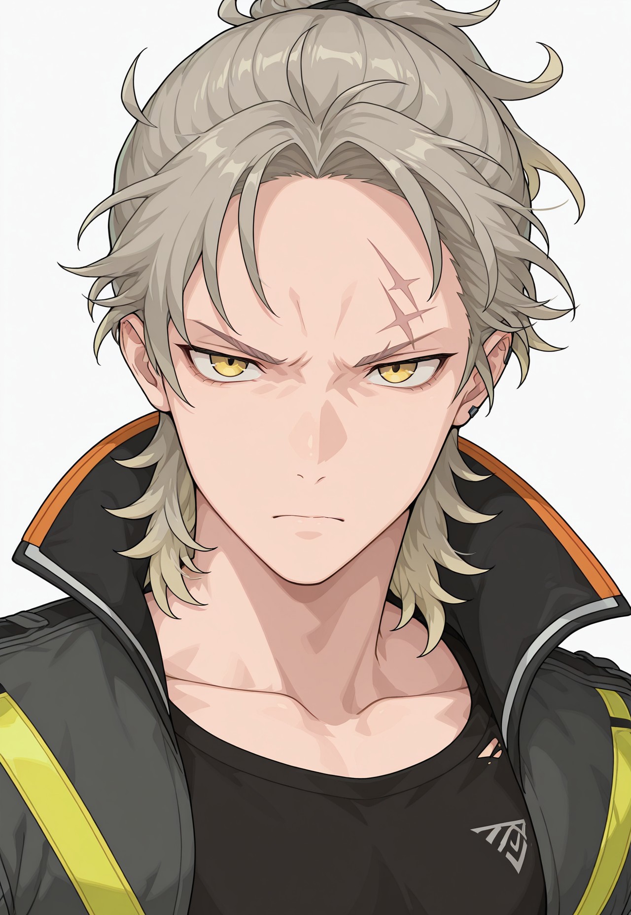 masterpiece, best quality, newest, extreme detail description, amazing quality, 1boy, solo, t0hru_wf, blonde hair, yellow eyes, face scar, crop top, collared jacket, serious expression, close-up:1.2, white background