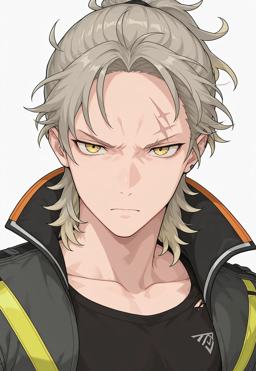masterpiece, best quality, newest, extreme detail description, amazing quality, 1boy, solo, t0hru_wf, blonde hair, yellow eyes, face scar, crop top, collared jacket, serious expression, close-up:1.2, white background