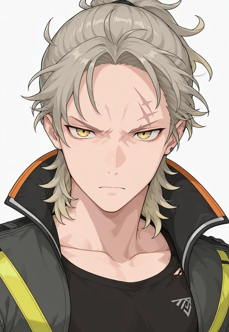 masterpiece, best quality, newest, extreme detail description, amazing quality, 1boy, solo, t0hru_wf, blonde hair, yellow eyes, face scar, crop top, collared jacket, serious expression, close-up:1.2, white background
