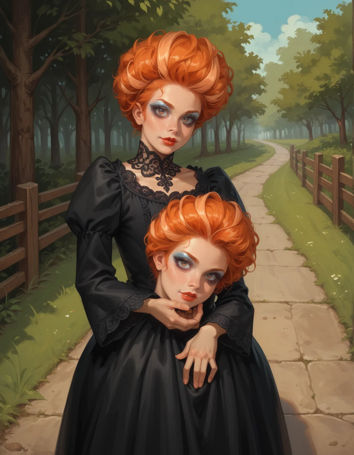 score_9, score_8_up, score_7_up, score_6_up, score_5_up, score_4_up, 1girl, solo, looking at viewer, red hair, orange hair, two-tone hair, black dress, long sleeves, makeup, lipstick, hud_s3v_h3ad, holding, holding severed head, horror (theme), <lora:sevhead:1>, outdoors