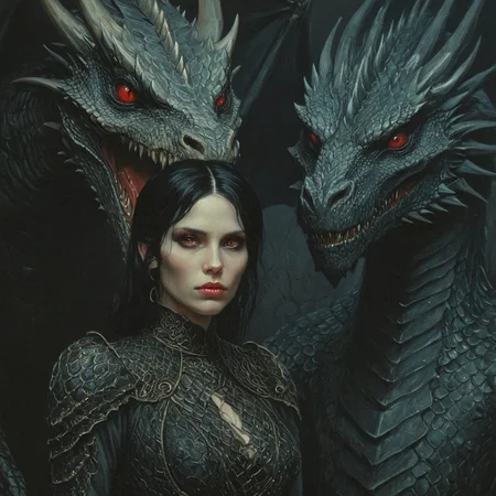 dark fantasy art style, A close-up portrait painting of a pale woman with black hair and eyes standing next to a large dark dragon. The woman is wearing a high-necked, elaborate dress. The dragon's head looms behind her, with highly detailed scales and piercing red eyes, grainy, painterly texture