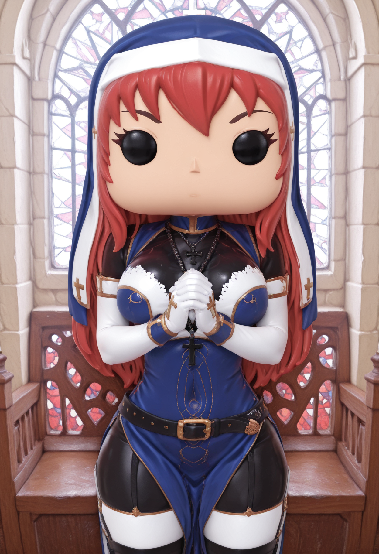 masterpiece, best quality, amazing quality,  funkopop, <lora:funkoPopIllustrious:1.1>, solo, 1girl, 
 <lora:battleNun3llustrious:1> battlenun, habit, thighhighs, bodysuit, cross necklace, praying, church