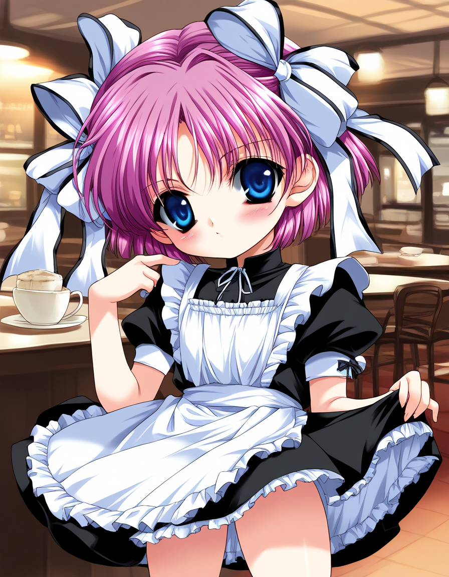 score_9, score_8_up, score_7_up, source_anime, rating_explicit, BREAK  <lora:Kago_Noa_Ver2.0_XL:0.8> KagoNoa, pink hair, purple hair, blue eyes, hair ribbon, white ribbon, short hair,  short stack,
Gothic Maid, cafe, 
blush,
looking at viewer, 
cowboy_Shot,