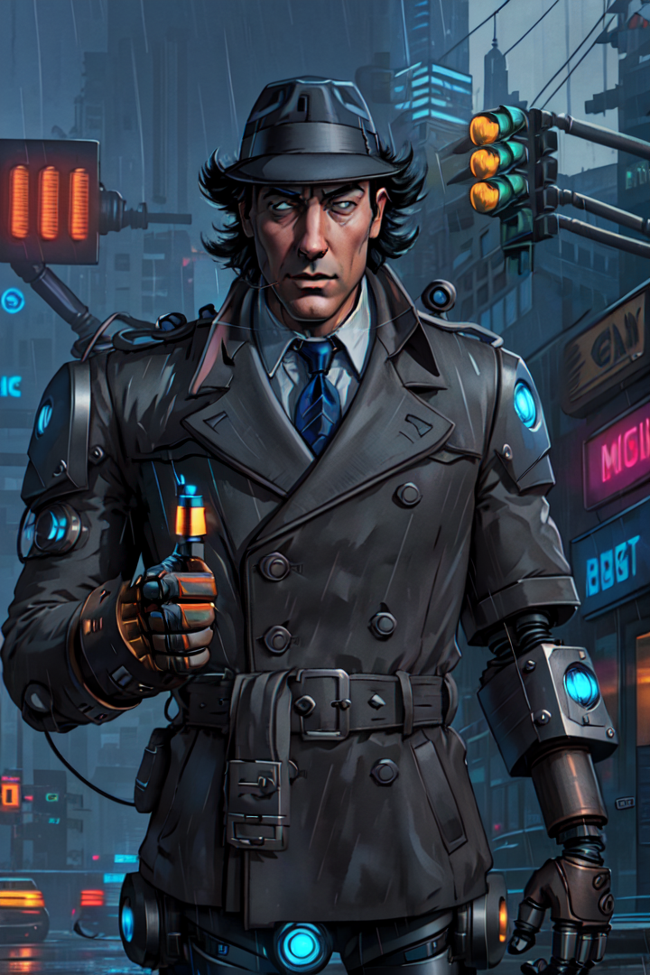 <lora:sxz-Chromata:0.6> <lora:InspectorGadget:0.7> Cyberpunk city, inspgadget, dramatic lighting, tan trench coat, blue necktie, grey hat, long black hair, ((mechanical prosthetics, robot hands)), in the rain, neon glow, action pose, ((traffic light))