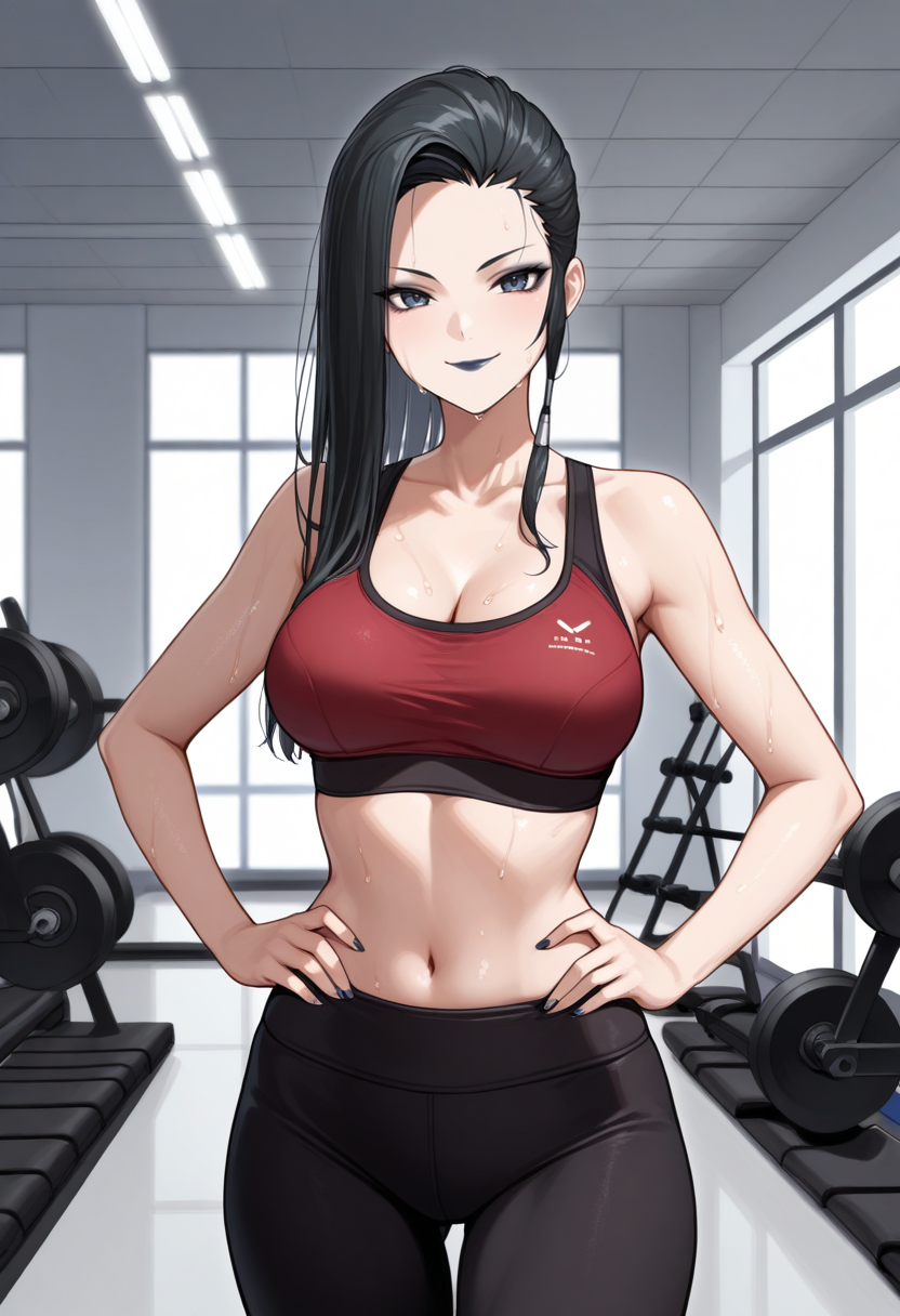 masterpiece, best quality, 1girl, solo, looking at viewer, cowboy shot, smile, gym, hands on hips, sweaty
red sports bra, black yoga pants
 <lora:zs_KagaILLU:1> kagasmtiv, long hair, black hair, asymmetrical hair, makeup, lipstick,