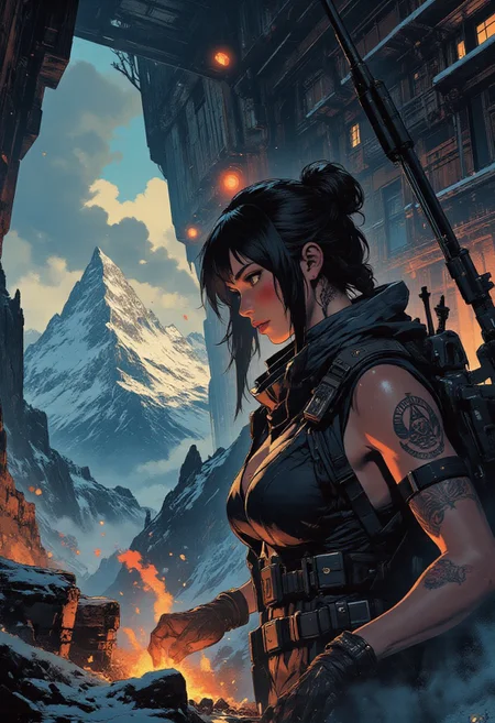 In the style of ff-td, nistyle, Silhouette Art, magnificent, crisp lines, closeup portrait of stunning mercenary, mountain top, overlooking a huge valley, beautiful girl, breasts, curvy, snipers nest, small campfire, cooking food, sniper rifle set up, dark braided hair, backwards hat, armor, sleeveless, arm sleeve tattoos, muscle tone, dogtags, sweaty, foreshortening, depth of field, at night, night, alpine, lightly snowing, dusting of snow, 
Closeup, detailed face, freckles,