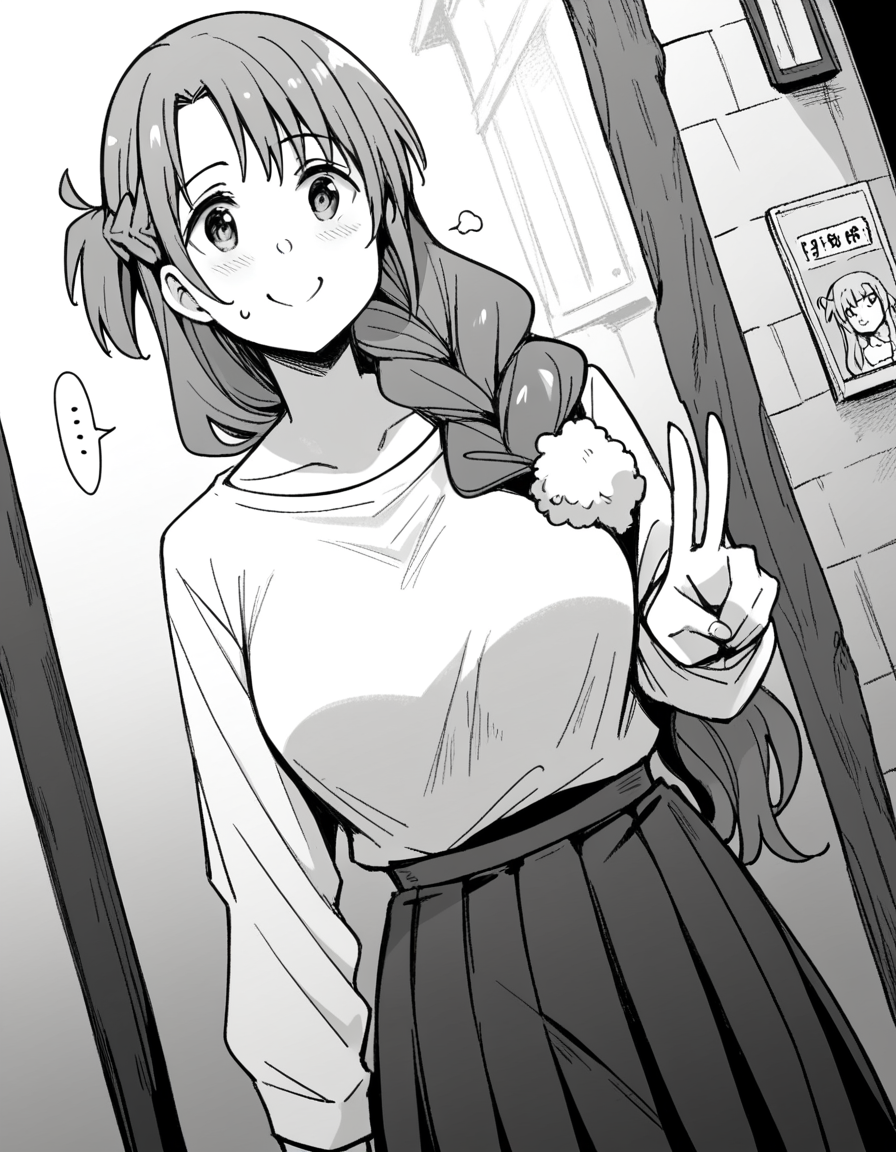 score_9, score_8_up, score_7_up, source_anime, <lora:oninarasu-asuna-yuuki-manga-ponyxl-lora-nochekaiser:1>, asuna yuuki, long hair, bangs, monochrome, braid, greyscale, single braid, large breasts,, skirt, shirt, long sleeves, jewelry, pleated skirt,, bus stop, waiting, commuter, smartphone, checking time, cold morning, smile, , v,, solo,, cowboy shot, dutch angle