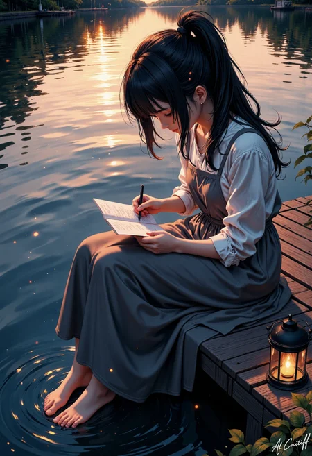 Bird's-eye view, 16mm fisheye lens with pronounced barrel distortion, motion blur on the water's surface, f/4.5 depth of field. A serene lake scene at dusk, with warm golden tones. A young woman with long dark hair tied in a ponytail and a soft, serene expression sits on the edge of a wooden dock, wearing a long grey skirt and a white blouse with rolled-up sleeves. She is barefoot, and her legs are folded under her as she reads a letter by the soft light of a lantern. Anime style with a mix of realistic and stylized features., l1n0c2t<lora:CustomFlux/DynamicCamera.safetensors:0.5000000000000001:0.5000000000000001> <lora:CustomFlux/MysticFantasy.safetensors:0.10000000000000002:0.10000000000000002> <lora:CustomFlux/MysticRealism.safetensors:0.7500000000000001:0.7500000000000001> <lora:Flux/Linocut - s1 g4.safetensors:0.25000000000000006:0.25000000000000006>