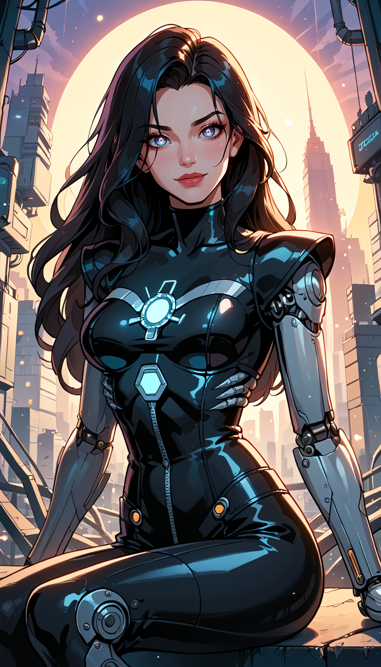 score_9, score_8_up, score_7_up, Western Comics, Portrait, android girl, glossy black, cute, seductive, innocent, light smile:0.3, plump lips, slender body, mechanical arms, dark mood, dystopia, glowing, looking at viewer, sitting, long hair, bokeh moonlight passing through hair, sunrise, distopian futuristic city background, depth of field, dynamic angle, fashion photography, sharp, hyperdetailed:1.15