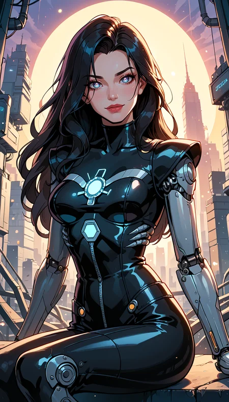 score_9, score_8_up, score_7_up, Western Comics, Portrait, android girl, glossy black, cute, seductive, innocent, light smile:0.3, plump lips, slender body, mechanical arms, dark mood, dystopia, glowing, looking at viewer, sitting, long hair, bokeh moonlight passing through hair, sunrise, distopian futuristic city background, depth of field, dynamic angle, fashion photography, sharp, hyperdetailed:1.15