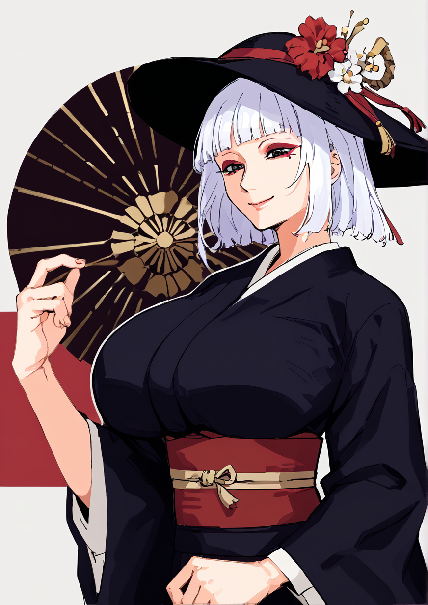 1girl, sen no rikyu (fate), huge breast, , black headwear, black kimono, blunt bangs, chajinbou, closed mouth, eyeliner, japanese clothes, kimono, looking down, makeup, medium hair, pale skin, pillarboxed, red eyeliner, smile, solo, upper body, white hair, zPDXL3<lora:Breast Slider - Pony_alpha1.0_rank4_noxattn_last:3> <lora:HandFixer_pdxl_Incrs_v1:1>   <lora:Void_Dot_Exe:1>