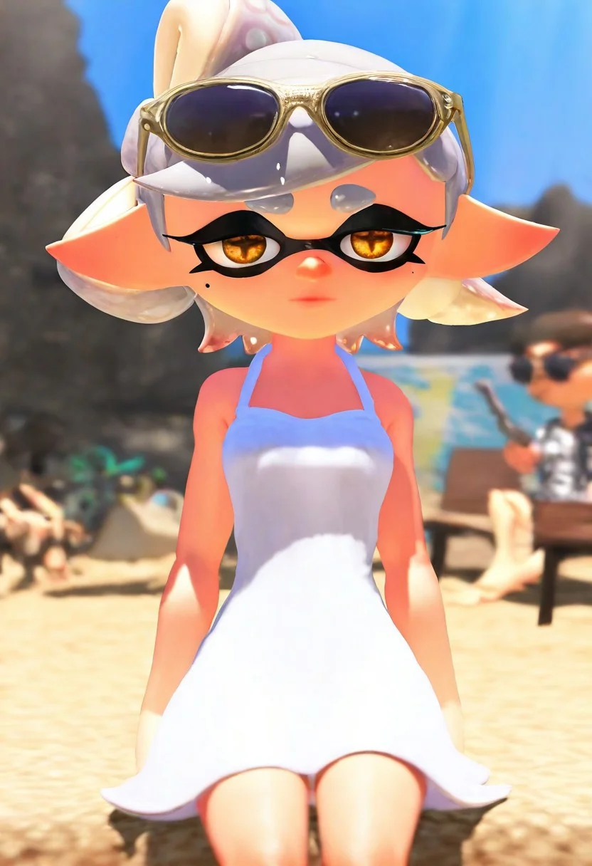 3d, masterpiece, splatoon, 1girl, solo, solo focus, looking at viewer, cowboy shot, expressionless, marie, sundress, sunglasses, eyewear on head,
sunlight, beach, sitting, blurred background