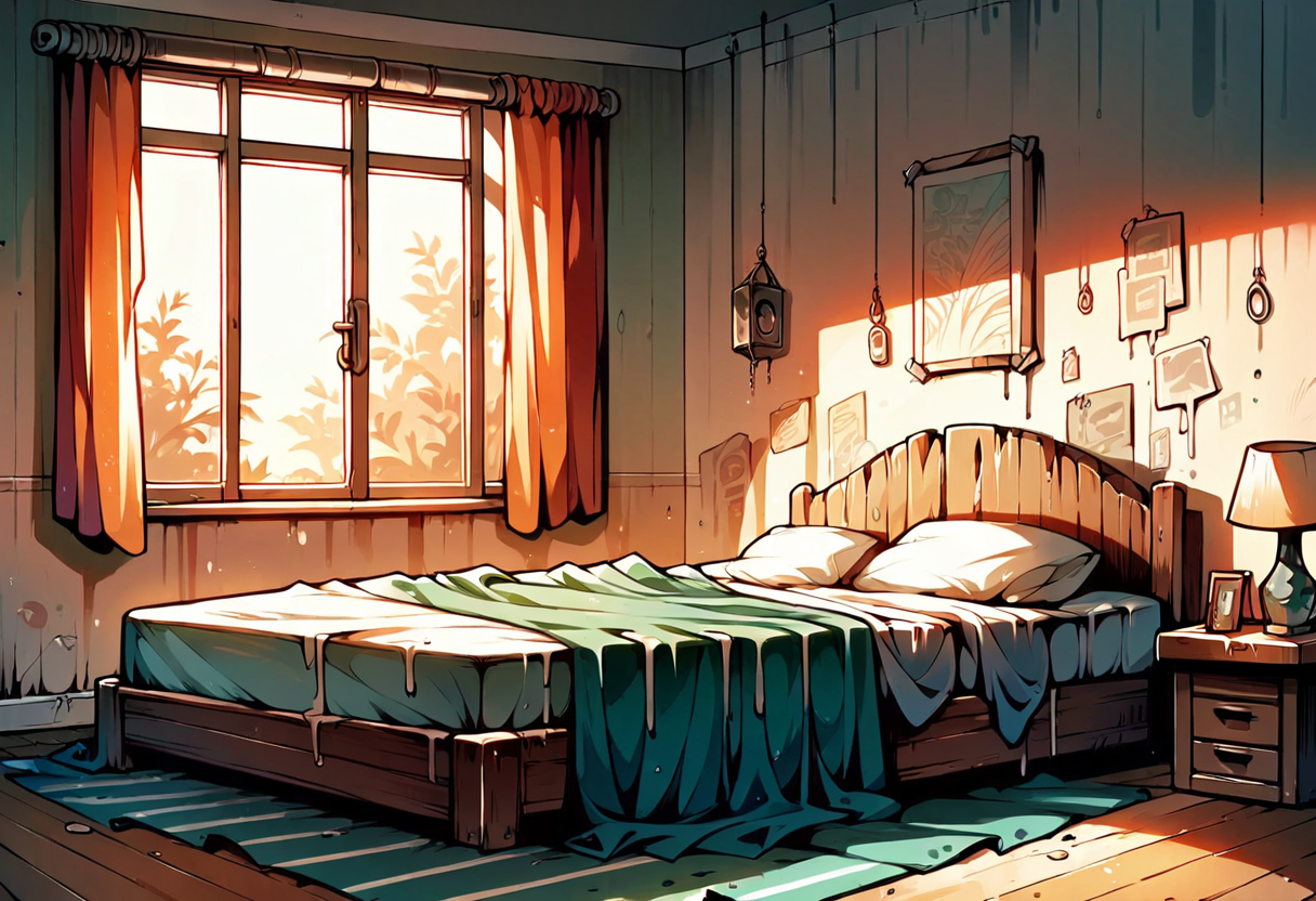 score_9, score_8_up, score_7_up, score_9, <lora:Toon Graffiti Style:1>,dripping, bedroom,