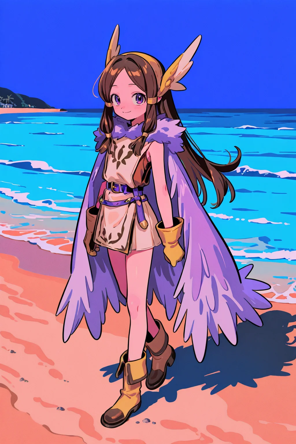masterpiece, very aesthetic, absurdres, best quality, amazing quality, high resolution, newest, very awa, <lora:illustrious_quality_modifiers_masterpieces_v1:0.8> , <lora:ChamIllustriousBackgroundEnhancer:0.5>,  (solo),    <lora:ValkyrieYggdraIL:0.8> , by menma (enaic31), valkdef, 1girl, purple eyes, brown hair, long hair, winged hairband, fur cloak, tunic, purple belt, gloves, yellow boots, full body, exterior, night, beach, walking on the beach, smile, looking at viewer,
