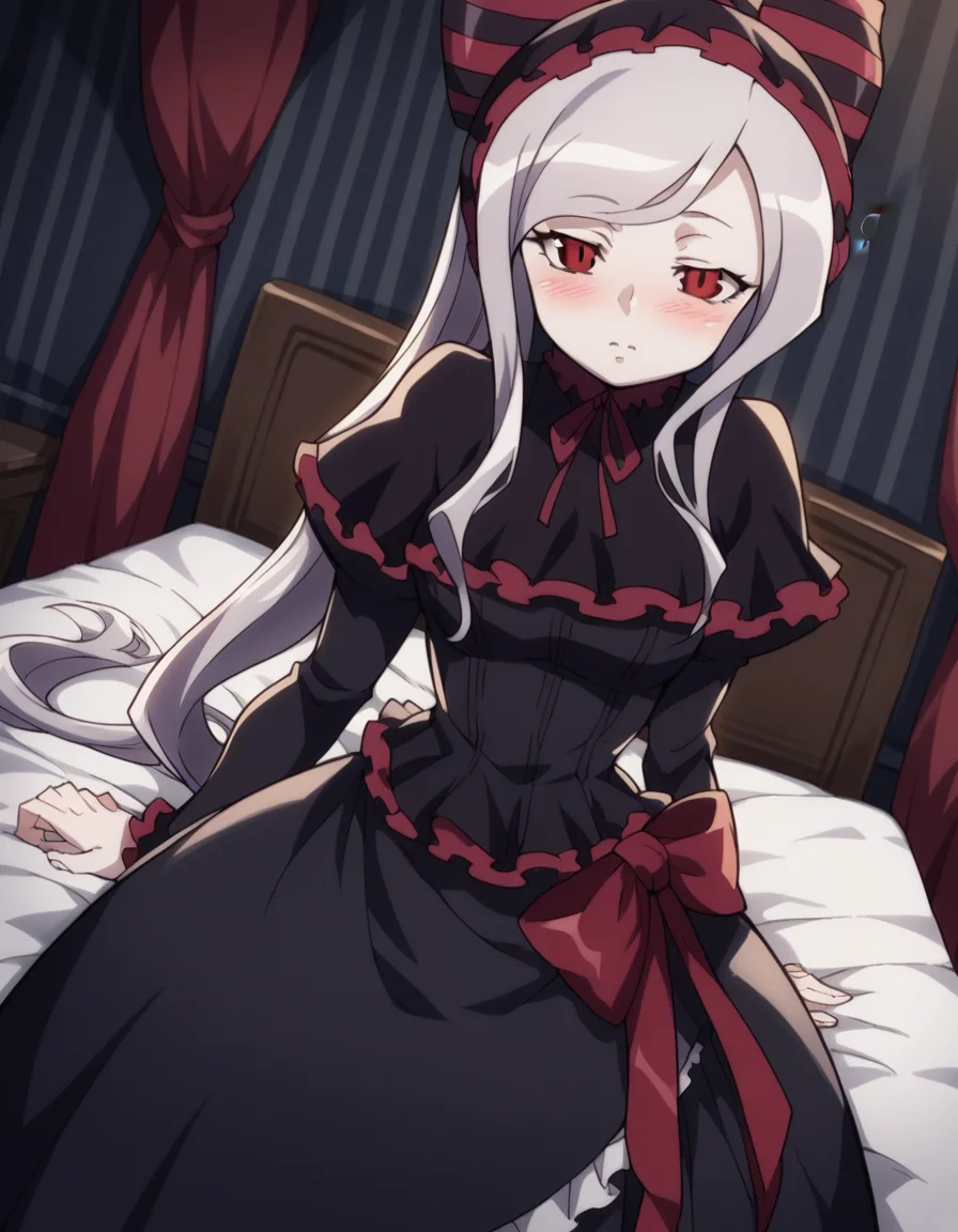 score_9, score_8_up, score_7_up, source_anime,
shalltear, <lora:shalltear-bloodfallen-s1s2-ponyxl-lora-nochekaiser:1>,
shalltear, grey hair, long hair, red eyes, silver hair,
black dress, bonnet, bow, dress, frilled dress, frills, large bow, long sleeves, vampire,
indoors, bed, bed room, on side, blush, drunk,
looking at viewer, cowboy shot, solo, dutch angle,