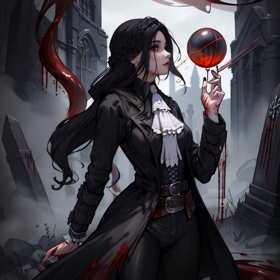 (masterpiece:1.2),(best quality,:1.2),8k,HDR,ultra detailed,professional light,cinematic lighting,fashion photography,ambient lighting,atmospheric effects,(wearing a black long coat:1.5),ascot,bracers,belt,gothout,<lora:Gothic_Outfit:0.45>,in a dark and sinister gothic graveyard,iron fence,<lora:Darkness:0.4>,epiCPhoto,(solo:1.5),<lora:SeranaaaaV3.5:0.65>,1girl,serana,red eyes,(black hair:1.3),long hair,looking at viewer,(White ascot:1.5),chibi,Black long pants,(cowboy_shot:1.5),<lora:Concept - Blood Magic:0.4>,(bloodmagic:1.5),(blood:1),(swirling blood:1.5),(magic:1.3),Bloody energy ball,(Bloody energy ball:1.3),