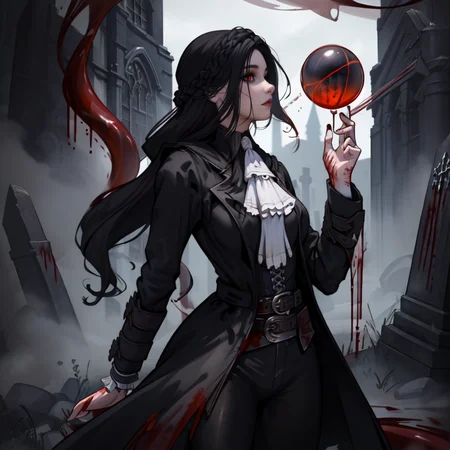 (masterpiece:1.2),(best quality,:1.2),8k,HDR,ultra detailed,professional light,cinematic lighting,fashion photography,ambient lighting,atmospheric effects,(wearing a black long coat:1.5),ascot,bracers,belt,gothout,<lora:Gothic_Outfit:0.45>,in a dark and sinister gothic graveyard,iron fence,<lora:Darkness:0.4>,epiCPhoto,(solo:1.5),<lora:SeranaaaaV3.5:0.65>,1girl,serana,red eyes,(black hair:1.3),long hair,looking at viewer,(White ascot:1.5),chibi,Black long pants,(cowboy_shot:1.5),<lora:Concept - Blood Magic:0.4>,(bloodmagic:1.5),(blood:1),(swirling blood:1.5),(magic:1.3),Bloody energy ball,(Bloody energy ball:1.3),