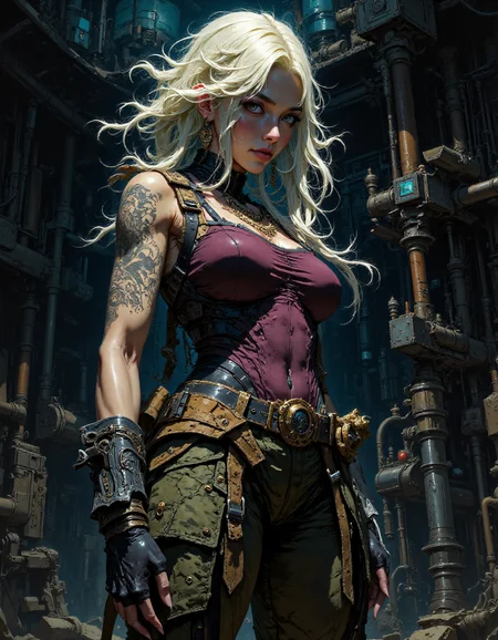 a young woman in her mid-twenties with a strong,athletic build and a rebellious,edgy look,her light olive skin tone accentuated by long,dark hair streaked with bold platinum blonde highlights cascading over her shoulders,her sharp,expressive eyes framed by a small tattoo under her right eye,her determined expression exudes confidence and strength,dressed in a rugged tactical outfit featuring a sleeveless deep burgundy tank top that reveals her toned arms,a tactical harness with pouches draped over her shoulder hints at combat readiness,camouflage-patterned pants and black tactical gloves complete her look,her left arm adorned with intricate dark ink tattoos spiraling from shoulder to forearm,standing in a dimly lit industrial setting of metal structures and pipes,the moody lighting casts deep shadows and highlights,enhancing the gritty realism of the scene,the background's warehouse ambiance amplifies the sense of readiness and resilience,<lora:RM_Artistify_v1.0M_980671:1>,<lora:zhongfenghuaStyle:1>,zhongfenghuaStyle,<lora:VividlySurreal:1>,