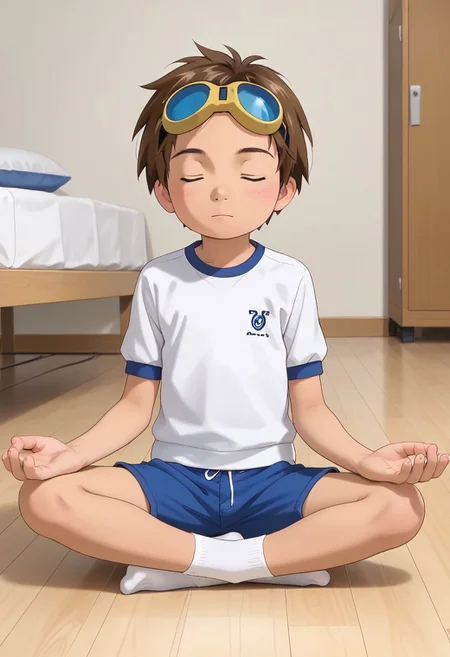 score_9, score_8_up, score_7_up, zPDXL2,
,
1boy, solo, goggles on head, brown hair, jyojifuku, white shirt, short sleeves, shorts, gym uniform,bedroom,hud_m3dit4tion, indian style, sitting, on floor, , , facing viewer, , closed eyes,