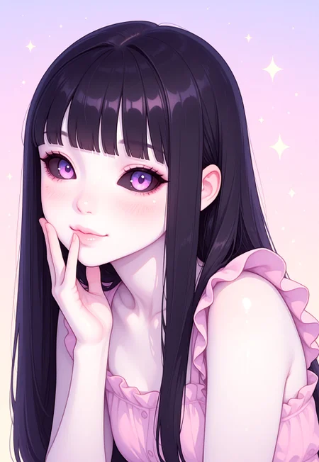masterpiece, best quality, ultra-detailed, photorealistic, 1girl, young woman,
cute smile, wink, finger on lips, whispering, close up, head tilt,
long black straight hair, blunt bangs,
pale skin, soft blush on cheeks,
glowing purple eyes, dark eyeliner, subtle dark sclera,
slim face, small nose, beauty marks,
cute pastel outfit, simple pastel background, soft lighting, intimate setting,
kawaii aesthetics, japanese idol,
ng_deepnegative_v1_75t, Luna Corvus, k4w4iim1r41
