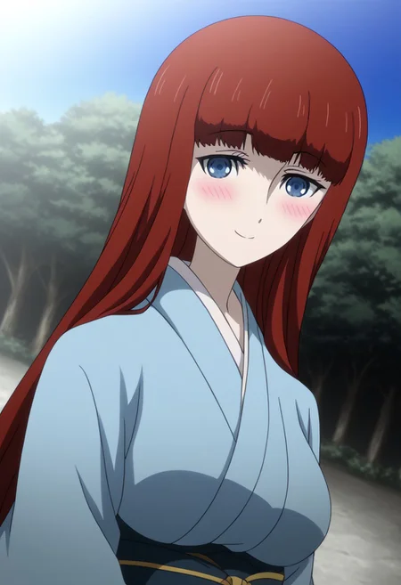 rating_safe, Ultra-high-detailed Anime illustration of Kagari Shiina from Anime Steins;Gate 0. The artwork features Kagari in a solo, standing position with a outdoors, flield and  background. firework exploding in background in the sky. night time. night.
She is depicted with intricate details showcasing her large breasts, natural_breasts. She is a white skinned, 22 years old woman. Kagari is looking_at_viewer with perfect_eyes, Her pupils are highly detailed. The eyes are open. blue eyes. Kagari's eyes are highlighted. Highlighted eyevrows. 
She has long hair, red colored hair, styled in blunt bangs and floating hair.
She is wearing a blue kimono and black shoes. japanese kimono, kimono.
The artistic style is intricate_details_xl with a focus on Anime art. The color palette emphasizes red and black with detailed strokes to bring out the character's features. The lighting creates dramatic shadows and highlights, adding depth to the artwork. The perspective is from a face focus, dutch angle to enhance the impact of the character's expression. This masterpiece is a true portrayal of Kagari's complex personality and will captivate any fan of Kagari. uncensored, upper body, blushing, smile, Kagari Shiina,
perfecteyes,
<lora:Steins_Gate:1>
kimono