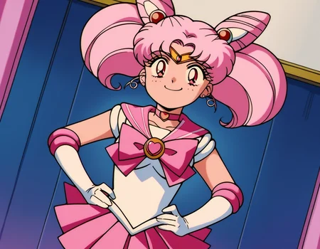 score_9, score_8_up, score_7_up, source_anime, <lora:chibiusa-tsukino-s3-ponyxl-lora-nochekaiser:1>, chibiusa, cone hair bun, double bun, hair bun, hair ornament, pink eyes, pink hair, short hair, twintails, circlet, parted bangs,, bow, brooch, choker, earrings, elbow gloves, gloves, heart, heart brooch, magical girl, pink bow, pink choker, pink sailor collar, pink skirt, pleated skirt, sailor collar, sailor senshi uniform, skirt, stud earrings, white gloves,, indoors, smug, smile, looking at viewer, solo, hands on hips,, cowboy shot, dutch angle