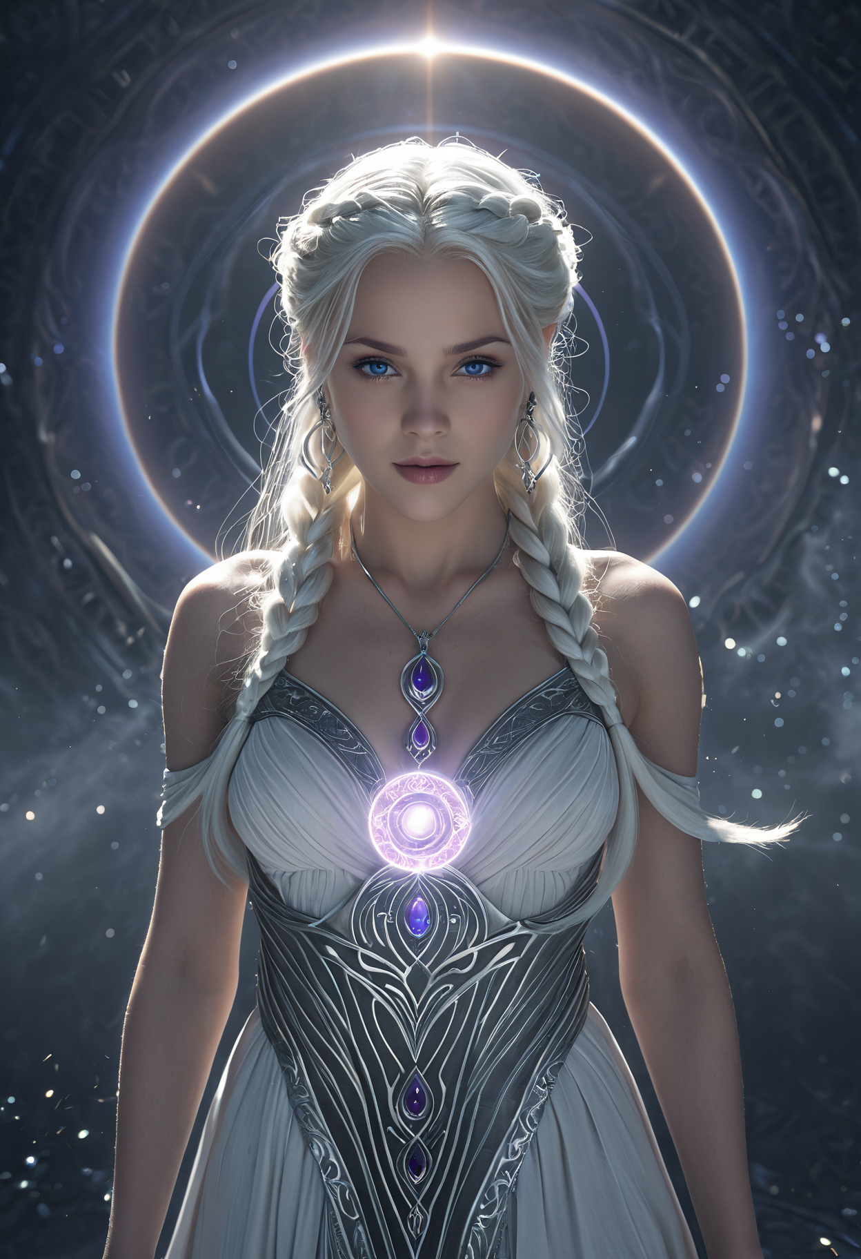 professional 3d model <lora:ul0px:1>,ul0px,(dress, jewelry, necklace, earrings, fantasy art),<lora:Beeple_holography:1>,Beeple,(holography, volumetric lights, scenery, aura:1.3),, (Hair, Long, silver-blonde hair (often described as pale as moonlight), a hallmark of her Targaryen lineage. In the books, her hair is worn in intricate braids, symbolizing victories and tradition:1), (Eyes, Large, violet eyes, often noted for their intensity and otherworldly quality, typical of the Valyrian race:1), (Skin, Pale, creamy complexion with a smooth, almost luminous quality that enhances her striking beauty:1), (Build, Slim and petite, yet strong and resilient, reflecting her gradual transformation from a timid girl into a determined leader:1),  short in stature,, Light aura concept art, a subtle energy field or glow that surrounds a person, object, or scene, often associated with spirituality, healing, or an ethereal appearance. A glowing halo or radiant light surrounding a subject to convey divinity, mystery, or supernatural power. soft gradients, luminous effects, or pastel colors, an emanation of a person's energy field, white or golden light symbolizing purity and enlightenment, a radiant, soft glow around the subject, . octane render, highly detailed, volumetric, dramatic lighting