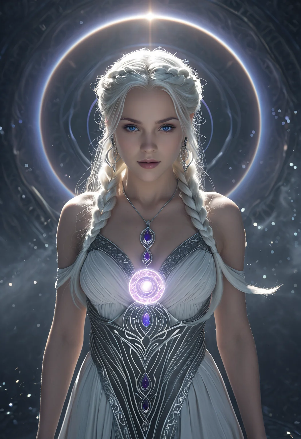 professional 3d model <lora:ul0px:1>,ul0px,(dress, jewelry, necklace, earrings, fantasy art),<lora:Beeple_holography:1>,Beeple,(holography, volumetric lights, scenery, aura:1.3),, (Hair, Long, silver-blonde hair (often described as pale as moonlight), a hallmark of her Targaryen lineage. In the books, her hair is worn in intricate braids, symbolizing victories and tradition:1), (Eyes, Large, violet eyes, often noted for their intensity and otherworldly quality, typical of the Valyrian race:1), (Skin, Pale, creamy complexion with a smooth, almost luminous quality that enhances her striking beauty:1), (Build, Slim and petite, yet strong and resilient, reflecting her gradual transformation from a timid girl into a determined leader:1), short in stature,, Light aura concept art, a subtle energy field or glow that surrounds a person, object, or scene, often associated with spirituality, healing, or an ethereal appearance. A glowing halo or radiant light surrounding a subject to convey divinity, mystery, or supernatural power. soft gradients, luminous effects, or pastel colors, an emanation of a person's energy field, white or golden light symbolizing purity and enlightenment, a radiant, soft glow around the subject, . octane render, highly detailed, volumetric, dramatic lighting