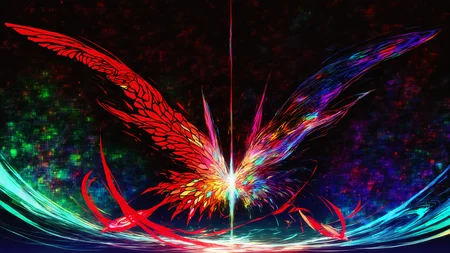 masterpiece, best quality, no humans, abstract, abstract background, colorful, colorful palette, red theme, glowing, single butterfly, (huge butterfly:1.5), red butterfly, red aura, energy, water, nebula, dark theme, horror \(theme\)