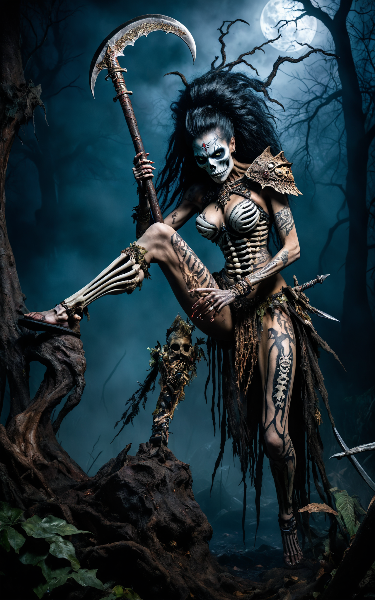 Hyperrealistic, horror theme, rotting undead Amazoness warrior with skeletal makeup, very tall and muscular, spread legs,  tribal tattoo, decaying beauty, high detail, dynamic composition, intricate textures, fierce expression, in action pose, dark surrounding, low light, nighttime setting, realistic shadows, ethereal, flowing hair, strong and decayed, wearing skeletal armor, jungle background, confident and menacing, ultra-quality, expressive eyes, detailed skeletal makeup, thick fog, light particles shining from the moonlight, horror style, eerie atmosphere, jumpscare element, ghostly apparitions, rotting flesh, menacing