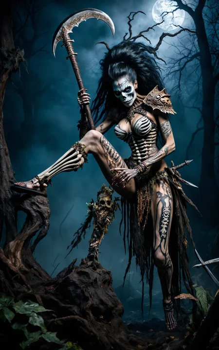 Hyperrealistic, horror theme, rotting undead Amazoness warrior with skeletal makeup, very tall and muscular, spread legs, tribal tattoo, decaying beauty, high detail, dynamic composition, intricate textures, fierce expression, in action pose, dark surrounding, low light, nighttime setting, realistic shadows, ethereal, flowing hair, strong and decayed, wearing skeletal armor, jungle background, confident and menacing, ultra-quality, expressive eyes, detailed skeletal makeup, thick fog, light particles shining from the moonlight, horror style, eerie atmosphere, jumpscare element, ghostly apparitions, rotting flesh, menacing